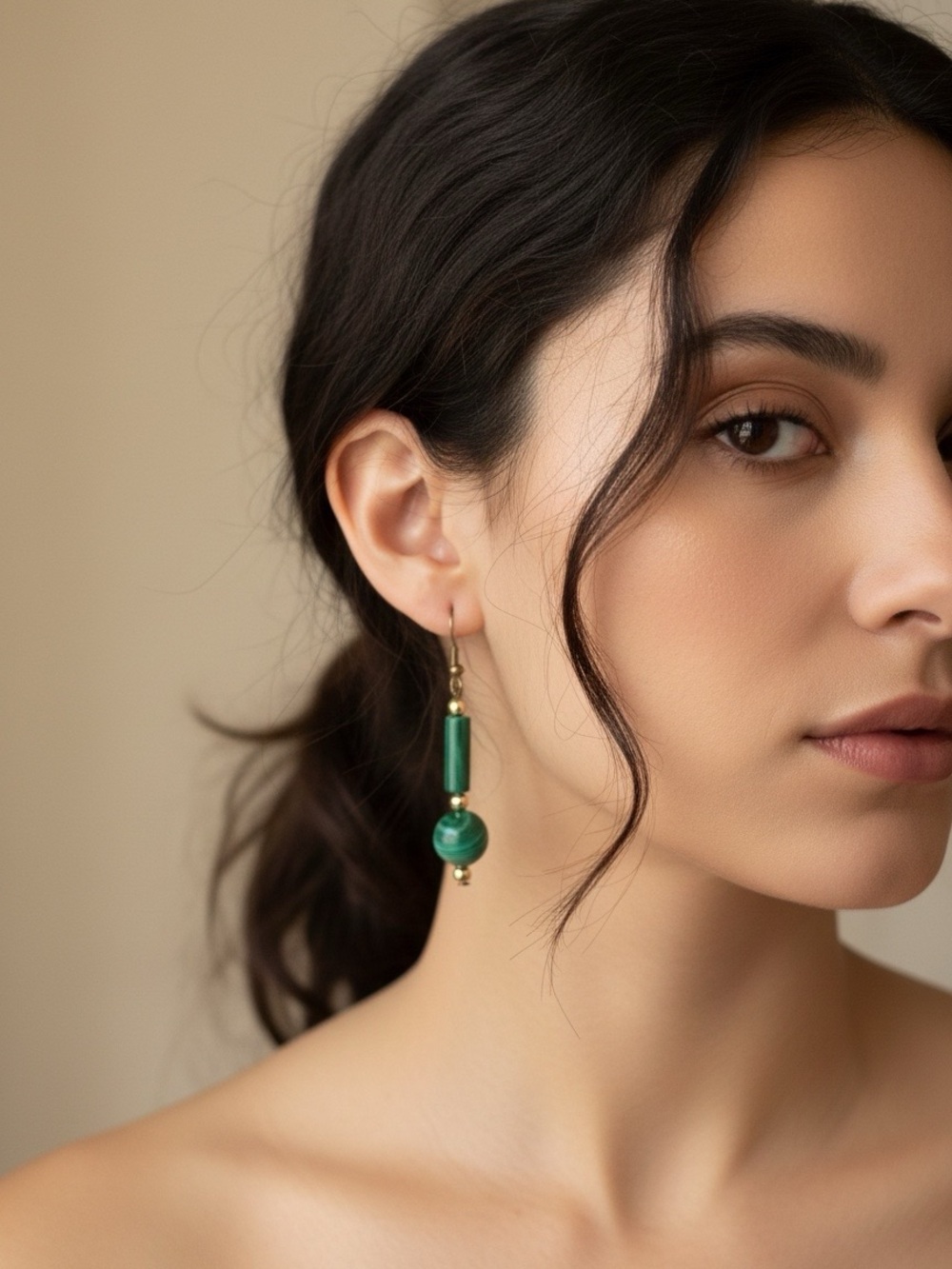 Malachite Gem Stone Dangling Earrings with French Ear Wire. .